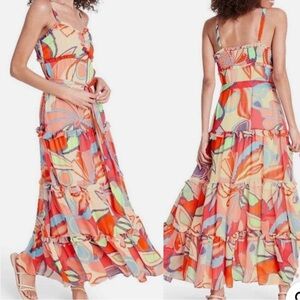 NWT🧡Alexis Vibrant Multicolor Sleeveless Tiered Ruffle Maxi Dress. Size S